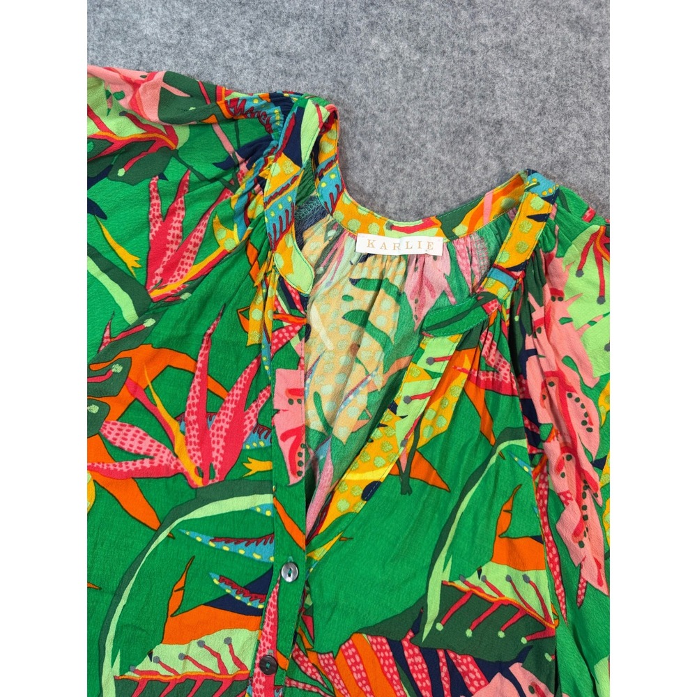 Karlie Tropical Floral Puff Sleeve Button Front Blouse Green Pink Medium